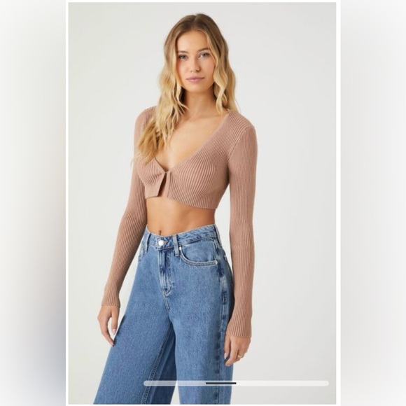 FOREVER21 NWT Beige Sparkly Ribbed Cropped Cardigan Knit Sweater Shrug Shirt S - Picture 6 of 16